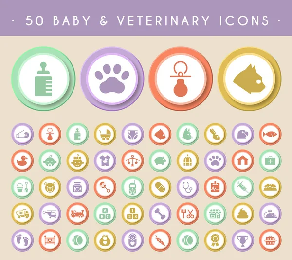 Conjunto de 50 Ícones de Bebê e Veterinária em Botões Coloridos Circulares. Vetor Elementos isolados —  Vetores de Stock