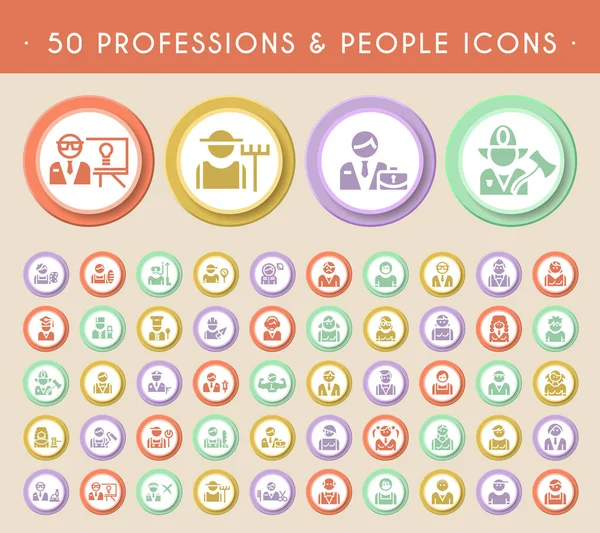 50 Meslek ve Halkın Simgesi Dairesel Renkli Düğmeler. Vektör izole elementler — Stok Vektör