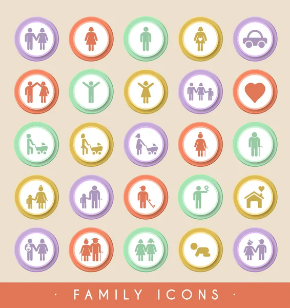圆形彩色钮扣上的一组家庭图标。矢量分离元件. — 图库矢量图片