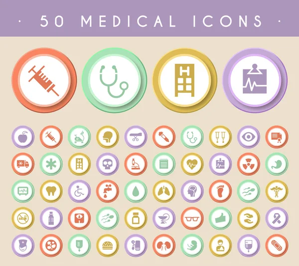 Conjunto de iconos médicos estándar universales en elegantes botones circulares modernos de colores tridimensionales sobre fondo coloreado . — Archivo Imágenes Vectoriales