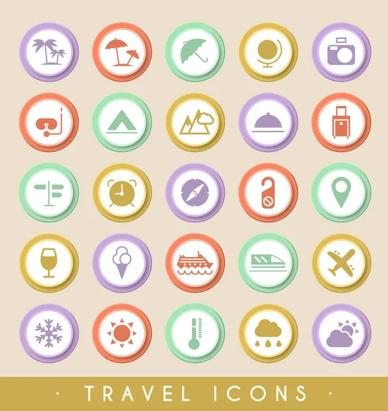 Conjunto de iconos de viaje en botones de colores circulares. Elementos aislados vectoriales. — Archivo Imágenes Vectoriales
