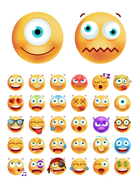 Conjunto de Emoticons bonitos em fundo branco. Ilustração Vectorial Isolada —  Vetores de Stock