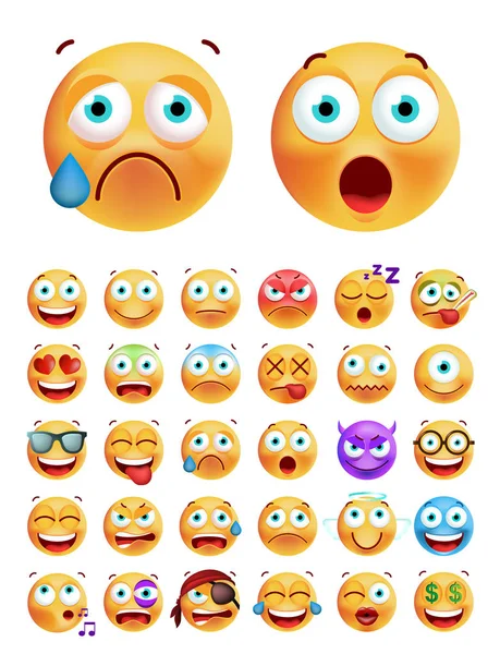 Conjunto de Emoticons bonitos em fundo branco. Ilustração Vectorial Isolada —  Vetores de Stock