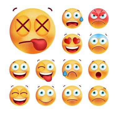 Beyaz arka plan üzerinde şirin ifadeler kümesi. İzole vektör çizim 