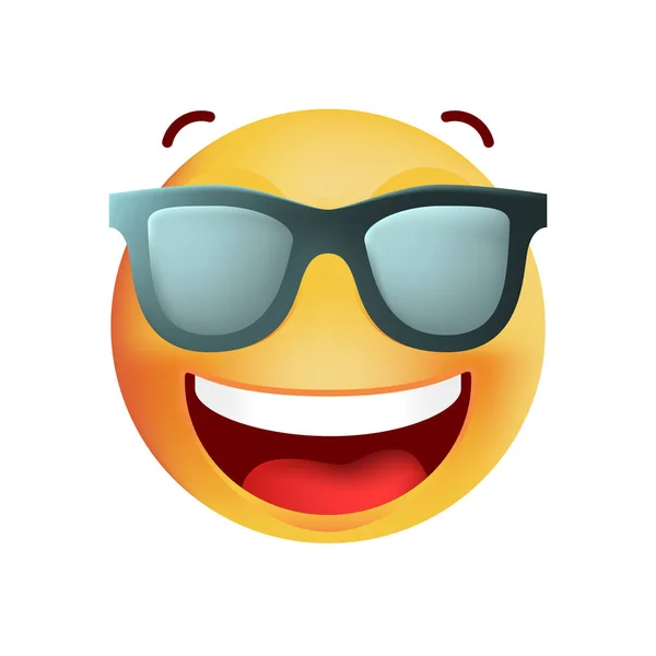 Lindo muy feliz con gafas de sol Emoticon sobre fondo blanco. Ilustración vectorial aislada — Vector de stock