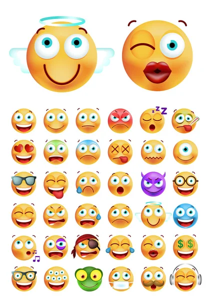 Conjunto de Emoticons bonitos em fundo branco. Ilustração Vectorial Isolada — Vetor de Stock