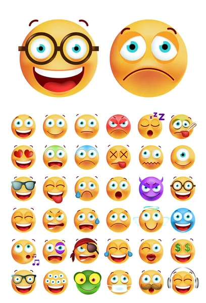 Gyűjteménye aranyos Emoticons, fehér háttér. Elszigetelt vektoros illusztráció — Stock Vector