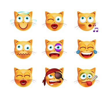 Şirin surat kedi beyaz arka plan üzerinde ayarlayın. İzole vektör çizim 