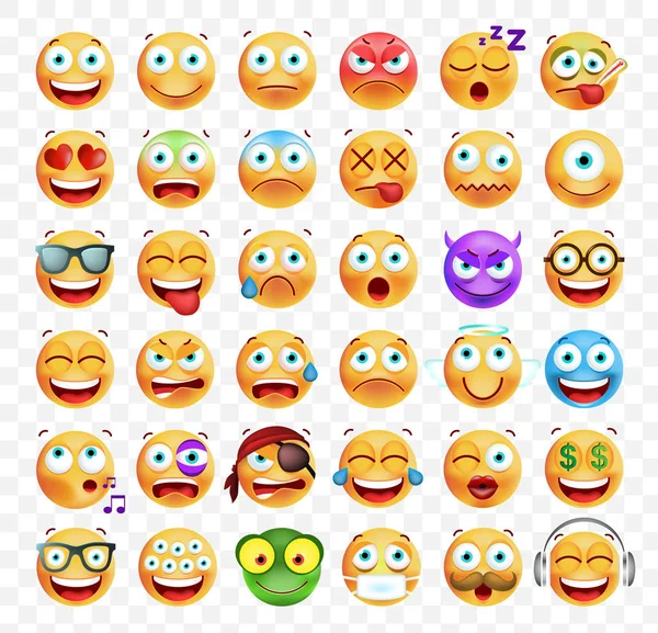 Set of 36 Cute Emoticons on White Background . Isolated Vector Illustration — Stock Vector