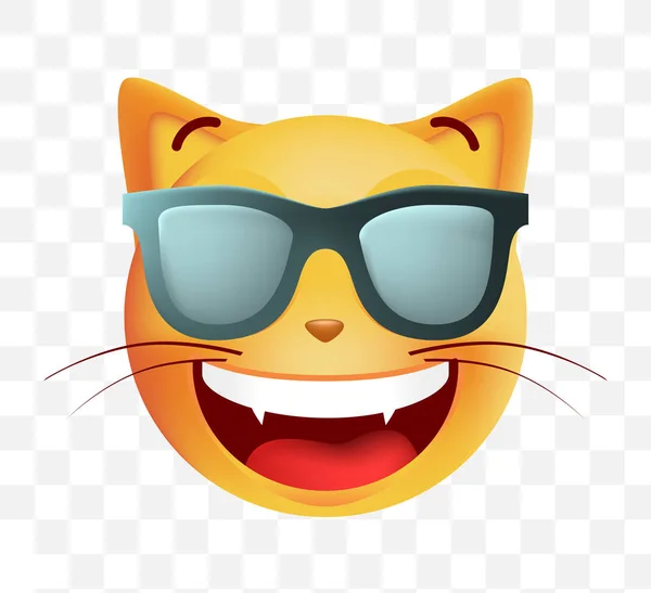 Bonito muito feliz com óculos de sol Emoticon Cat em fundo branco. Ilustração Vectorial Isolada — Vetor de Stock
