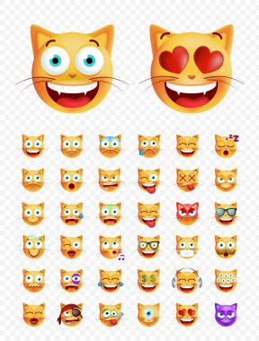 Şirin surat kedi beyaz arka plan üzerinde kümesi. İzole vektör çizim 