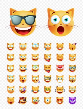 Şirin surat kedi beyaz arka plan üzerinde kümesi. İzole vektör çizim 