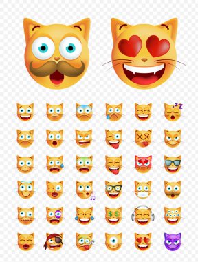 Şirin surat kedi beyaz arka plan üzerinde kümesi. İzole vektör çizim 