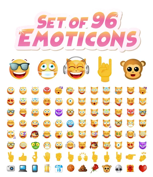 Σύνολο 96 χαριτωμένο Emoticons σε άσπρο φόντο. Απομονωμένη διανυσματικά εικονογράφηση — Διανυσματικό Αρχείο