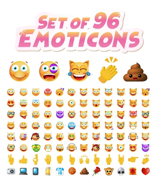 Conjunto de 96 Emoticons bonitos em fundo branco. Ilustração Vectorial Isolada —  Vetores de Stock