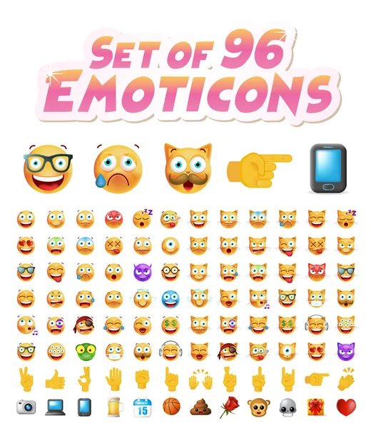 Σύνολο 96 χαριτωμένο Emoticons σε άσπρο φόντο. Απομονωμένη διανυσματικά εικονογράφηση — Διανυσματικό Αρχείο