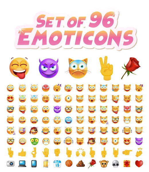Sada 96 roztomilý emotikony na bílém pozadí. Izolované vektorové ilustrace — Stockový vektor