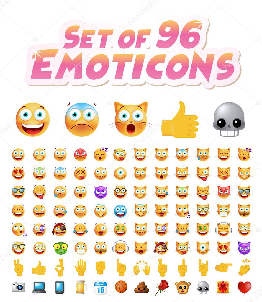 Set of 96 Cute Emoticons on White Background. Isolated Vector Illustration