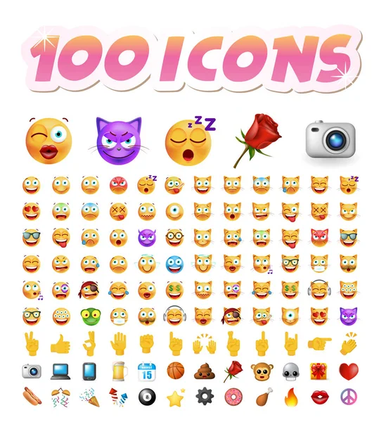 Conjunto de 100 Emoticones lindos sobre fondo blanco. Ilustración vectorial aislada — Vector de stock