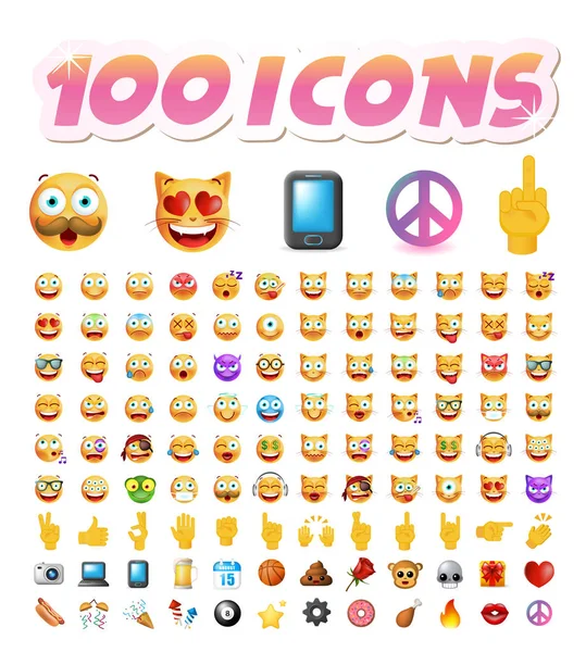 Set of 100 Cute Emoticons on White Background. Ilustrasi Vektor Terisolasi - Stok Vektor