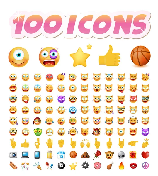 Conjunto de 100 Emoticones lindos sobre fondo blanco. Ilustración vectorial aislada — Vector de stock