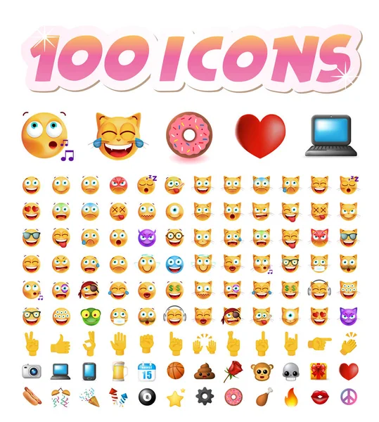 Set di 100 simpatiche Emoticon su sfondo bianco. Illustrazione vettoriale isolata — Vettoriale Stock