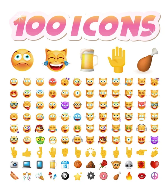 Conjunto de 100 Emoticones lindos sobre fondo blanco. Ilustración vectorial aislada — Vector de stock