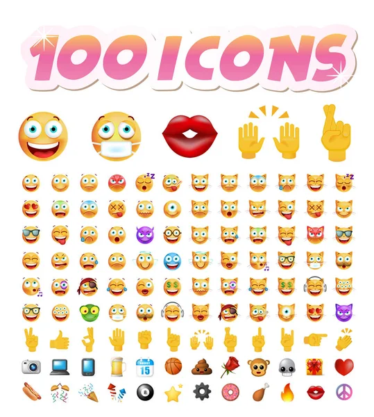 Set of 100 Cute Emoticons on White Background. Ilustrasi Vektor Terisolasi - Stok Vektor