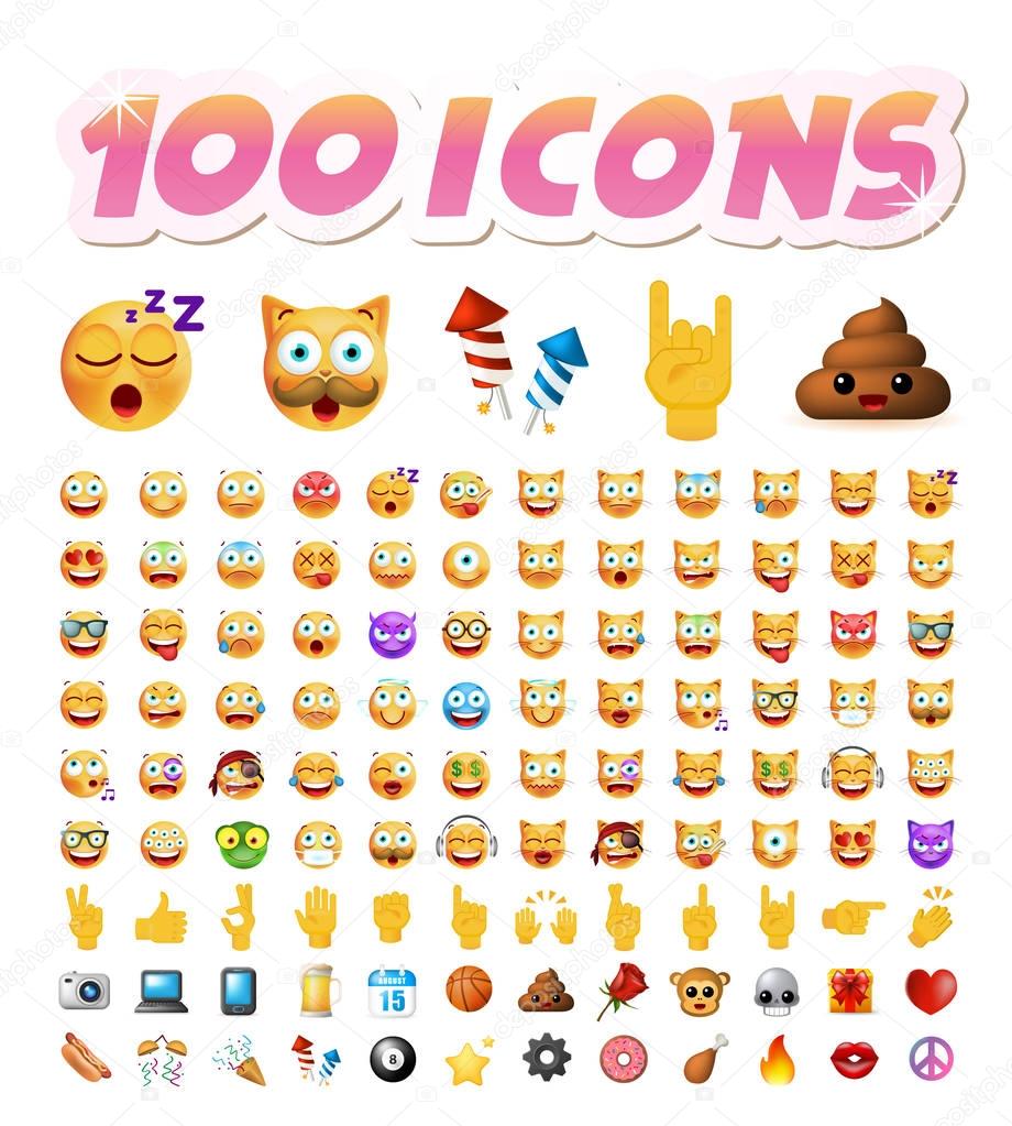Set of 100 Cute Emoticons on White Background. Isolated Vector Illustration