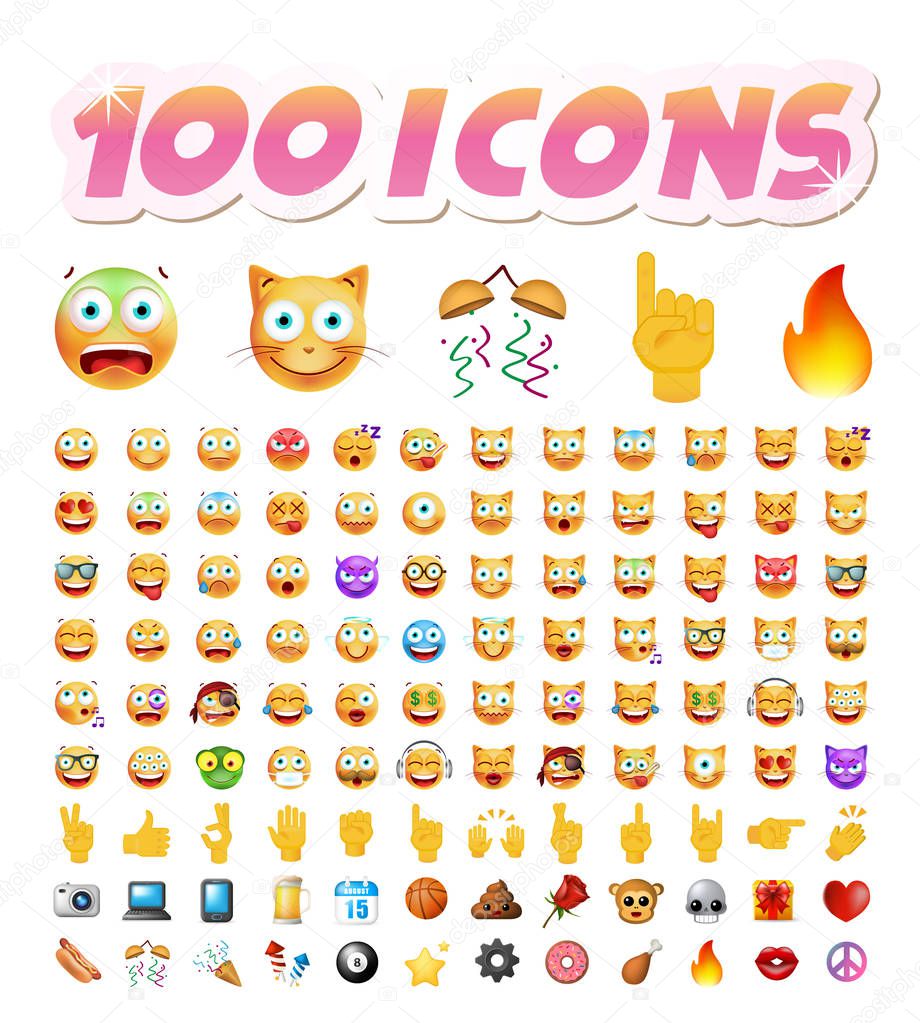 Set of 100 Cute Emoticons on White Background. Isolated Vector Illustration