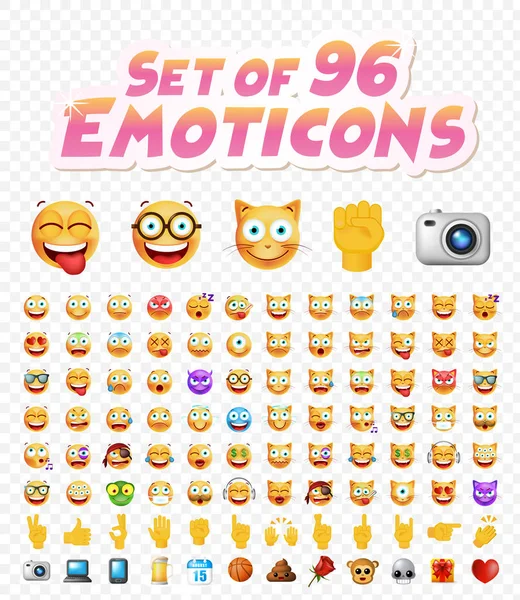 Set dari 96 Cute Emoticons di White Background. Ilustrasi Vektor Terisolasi - Stok Vektor