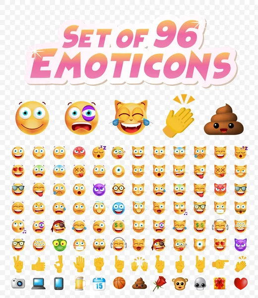 Set dari 96 Cute Emoticons di White Background. Ilustrasi Vektor Terisolasi - Stok Vektor