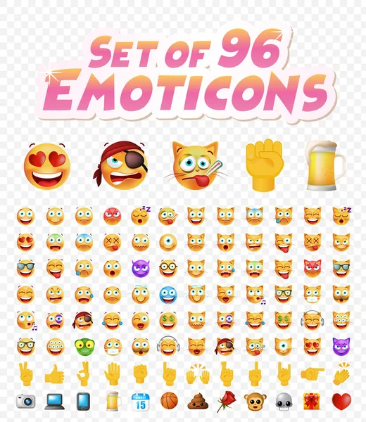 Set van 96 leuke Emoticons op witte achtergrond. Geïsoleerde vectorillustratie — Stockvector
