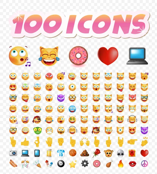 Set di 100 simpatiche Emoticon su sfondo bianco. Illustrazione vettoriale isolata — Vettoriale Stock