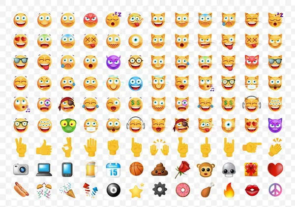 Conjunto de 100 Emoticons bonitos em fundo branco. Ilustração Vectorial Isolada —  Vetores de Stock