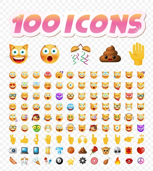 Set of 100 Cute Emoticons on White Background. Ilustrasi Vektor Terisolasi - Stok Vektor