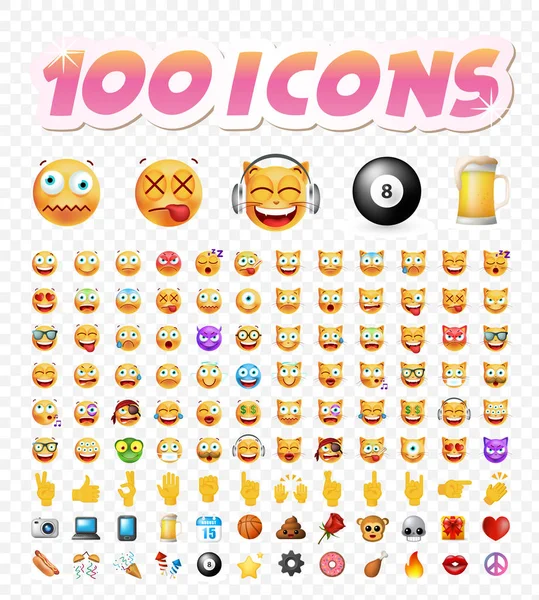 Set of 100 Cute Emoticons on White Background. Ilustrasi Vektor Terisolasi - Stok Vektor