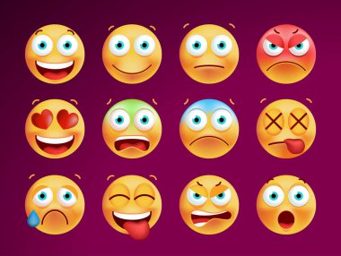 Siyah arka plan üzerinde şirin ifadeler kümesi. İzole vektör çizim 