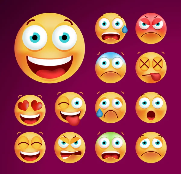 Set van leuke Emoticons op zwarte achtergrond. Geïsoleerde vectorillustratie — Stockvector