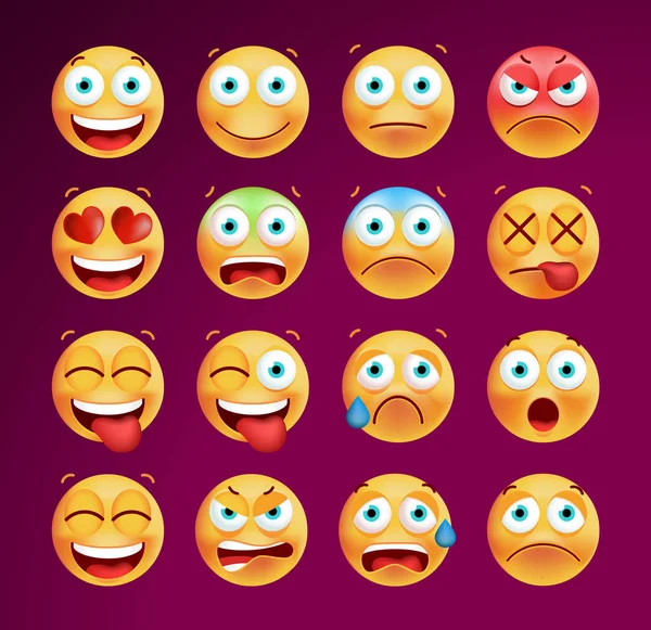 Conjunto de Emoticons bonitos em fundo preto. Ilustração Vectorial Isolada —  Vetores de Stock