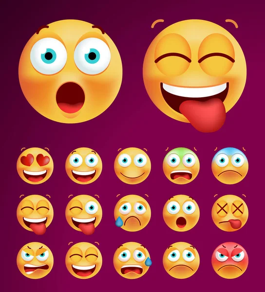 Set of Cute Emoticons on Black Background. Isolated Vector Illustration — Stock Vector