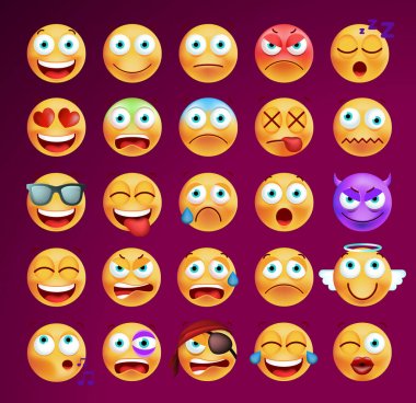 Siyah arka plan üzerinde şirin ifadeler kümesi. İzole vektör çizim 