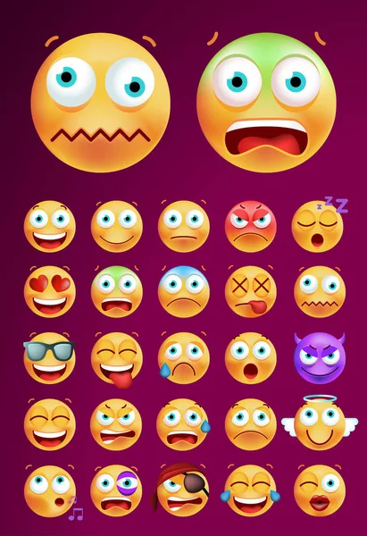 Conjunto de Emoticones lindos sobre fondo negro. Ilustración vectorial aislada — Archivo Imágenes Vectoriales