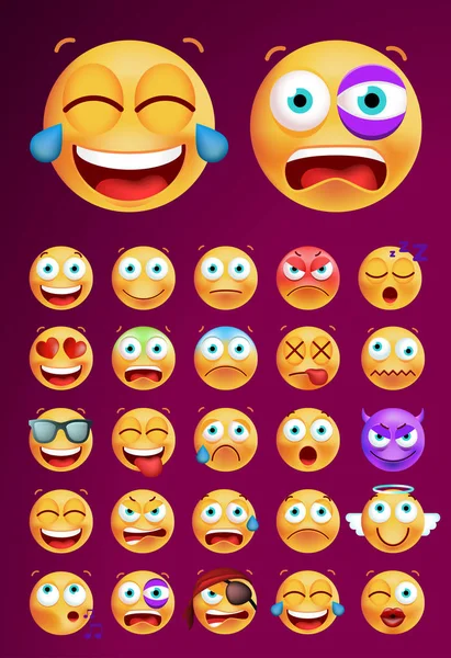 Reihe von niedlichen Emoticons auf schwarzem Hintergrund. isolierte Vektorabbildung — Stockvektor