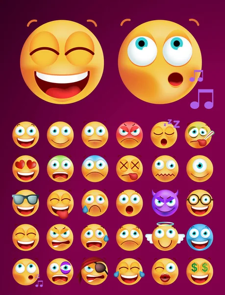 Set van leuke Emoticons op zwarte achtergrond. Geïsoleerde vectorillustratie — Stockvector