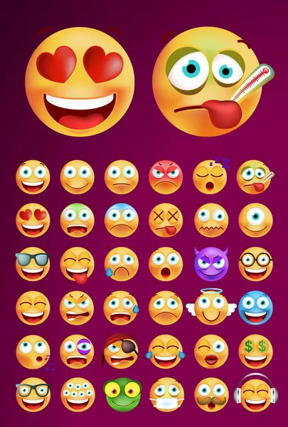 Set of Cute Emoticons on Dark Background. Isolated Vector Illustration — Stock Vector