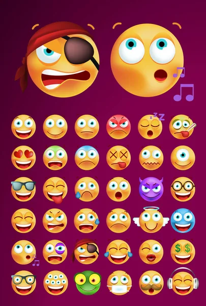 Uppsättning av söt Emoticons på mörk bakgrund. Isolerade vektorillustration — Stock vektor