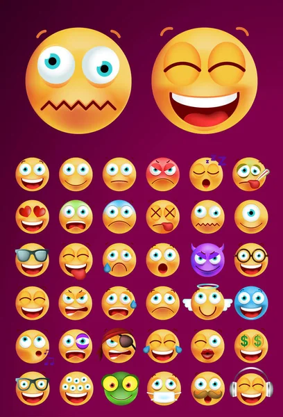Conjunto de Emoticons bonitos em fundo escuro. Ilustração Vectorial Isolada — Vetor de Stock