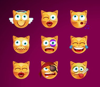 Şirin surat kedi beyaz arka plan üzerinde ayarlayın. İzole vektör çizim 