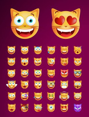 Şirin surat kedi siyah arka plan üzerine kümesi. İzole vektör çizim 